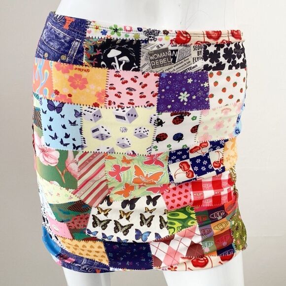 omighty Dresses & Skirts - Omighty OG Patchwork Multi Pattern Mini Skirt w Ruched Side Tie